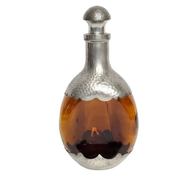 Vtg 70s Hammered Royal Holland Pewter Pinched Amber Glass Triangle Decanter - Picture 1 of 11